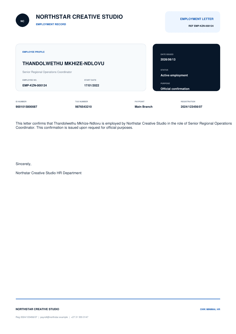 OWK Minimal Employment Letter generated with fictional sample data