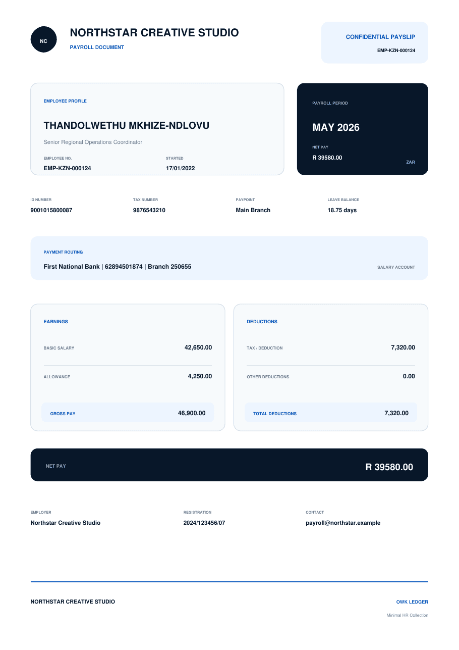 OWK Minimal Payslip generated with fictional sample data