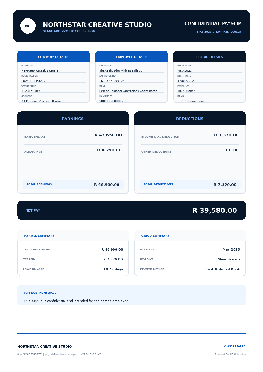 OWK Standard Pro Payslip generated with fictional sample data