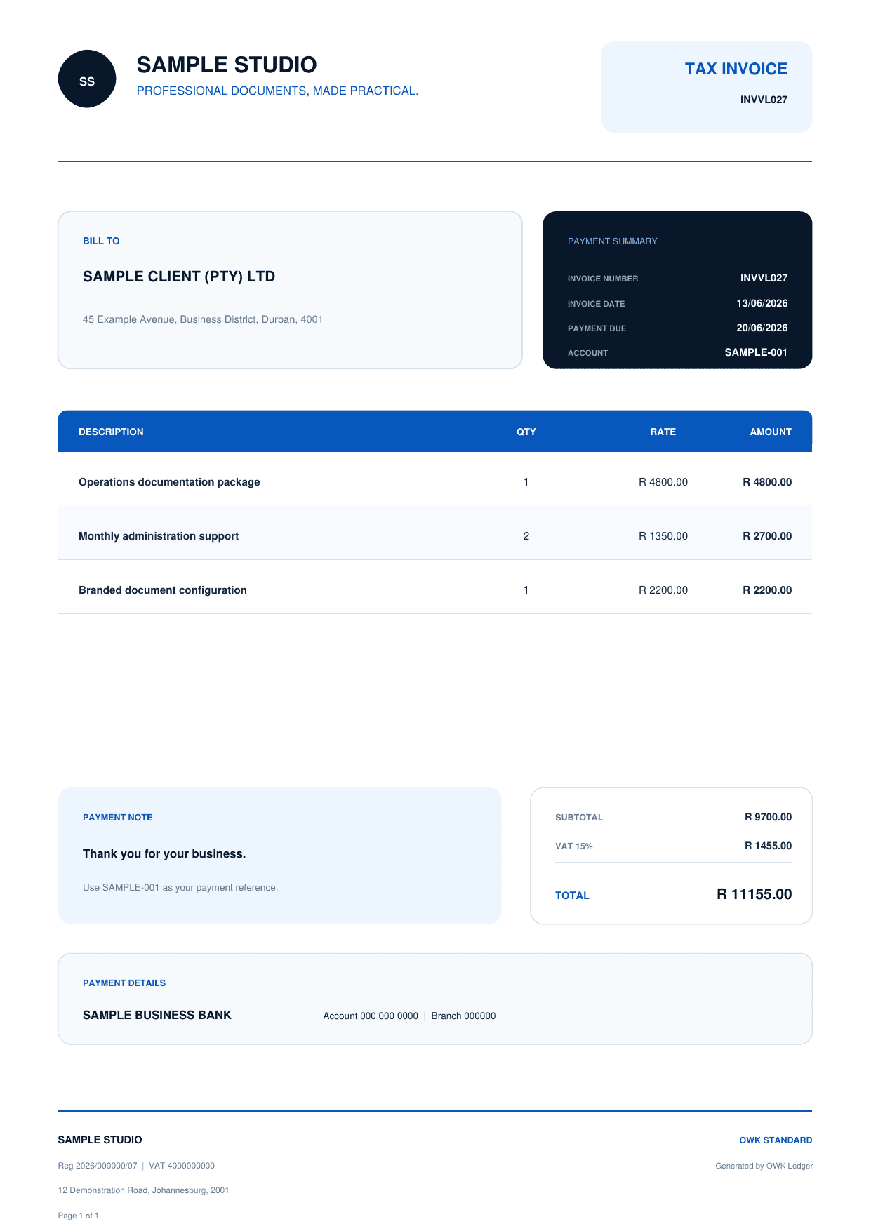 OWK Standard Invoice generated with fictional sample data