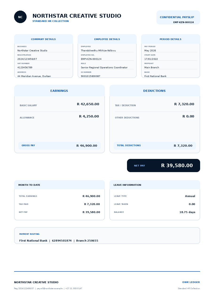 OWK Standard Payslip generated with fictional sample data