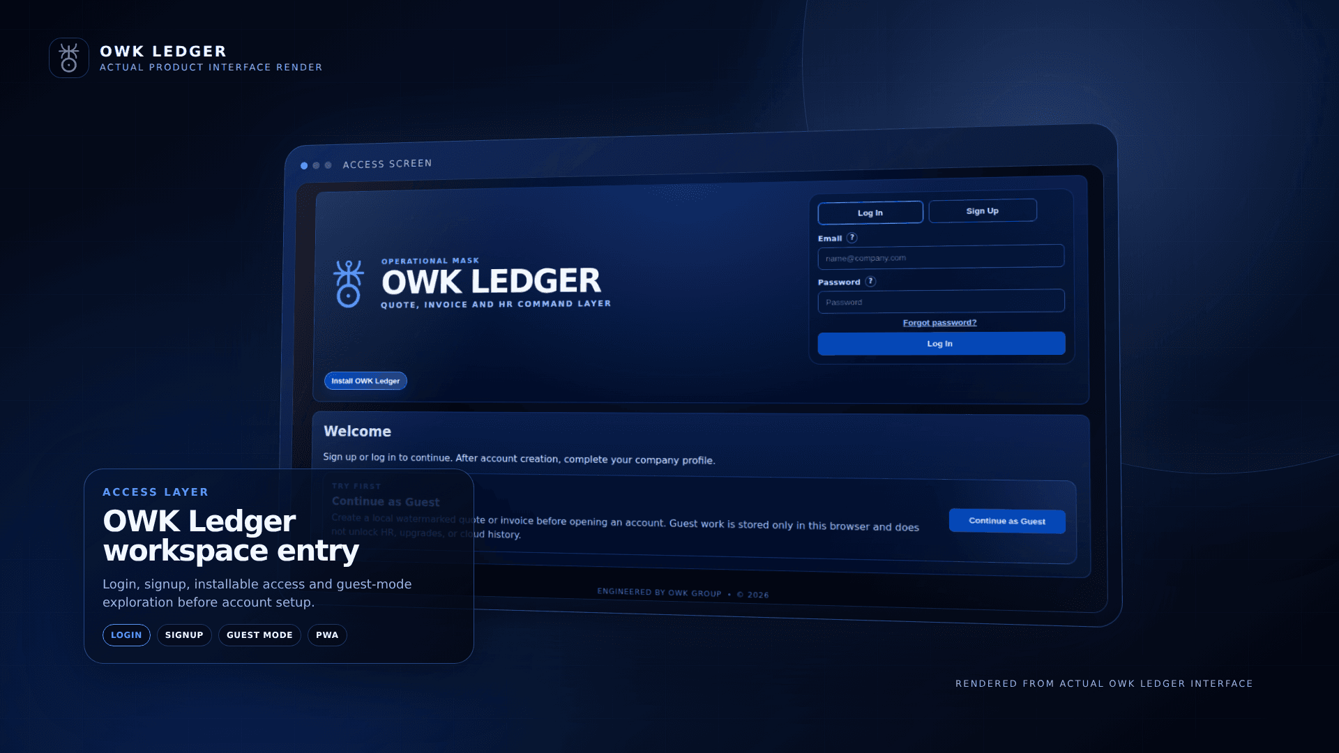 OWK Ledger login and guest access screen